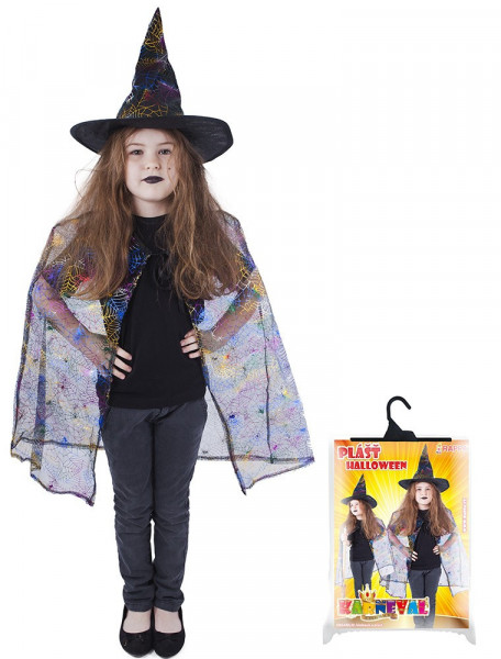 Karnevalový čarodějnický plášť s kloboukem fialový velikost  104 - 150 cm