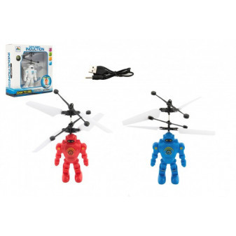 Vrtulník robot 15cm, plast reagující na pohyb ruky s USB nab. kabelem se světlem