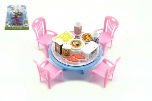 Stůl a židle s doplňky pro panenky plast