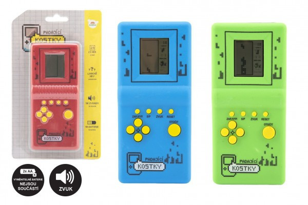 Digitální hra Padající kostky tetris hlavolam plast 7x14,5cm 3 barvy na baterie se zvukem na kartě