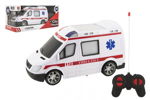Auto RC ambulance plast 20cm na dálkové ovládání na baterie se světlem v krabici