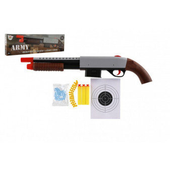 Brokovnice/puška 46cm plast + vodní kuličky 6mm,pěnové náboje, gumové kuličky v krabici
