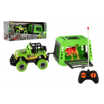Auto RC s vlekem s dinosaurem plast 28cm na dálkové ovládání 27mHz se světlem, zvukem v krabici