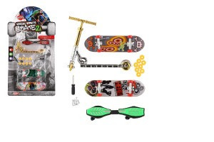 Sada skateboard šroubovací, koloběžka prstová, waveboard plast s doplňky mix druhů na kartě