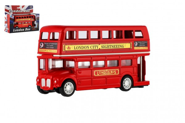 Autobus 'Londýn' červený patrový kov/plast 12cm na zpětné natažení v krabičce