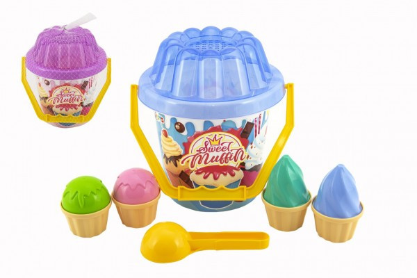 Sada na písek plast kbelík, lopatka, bábovky 2 barvy v síťce