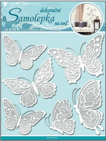 Anděl samolepka na zeď motýli s bílými krajkovými křídly 40 x 31 cm