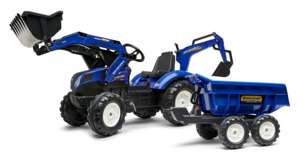 Falk Traktor šlapací New Holland T modrý s přední i zadní lžící a přívěsem