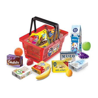 Mini Obchod - nákupní košík s doplňky a učením jak nakupovat - červený