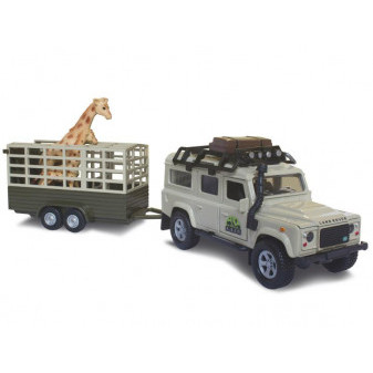 Land Rover Defender 30 cm kovový na zpětný chod s přívěsem 14 cm a žirafou v krabičce
