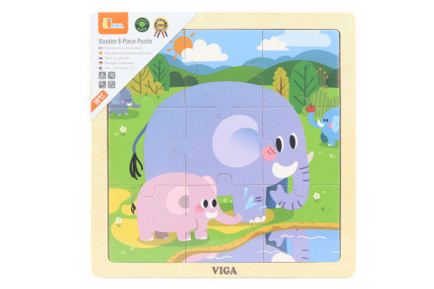 Viga  Dřevěné puzzle 9 dílků - sloni