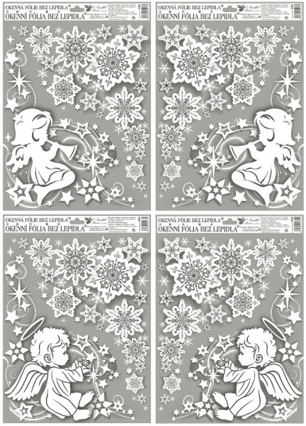 Anděl okenní fólie rohová andílci s duhovými glitry 42 x 30 cm