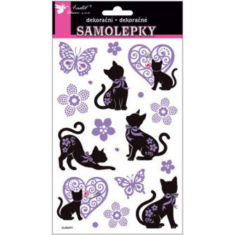 Anděl Samolepky kočky černo - fialové s kamínky 21 x 14  cm