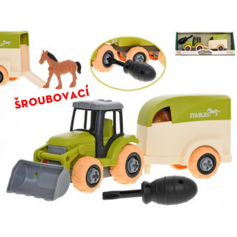 Traktor 26cm šroubovací volný chod s přívěsem a koněm v krabičce