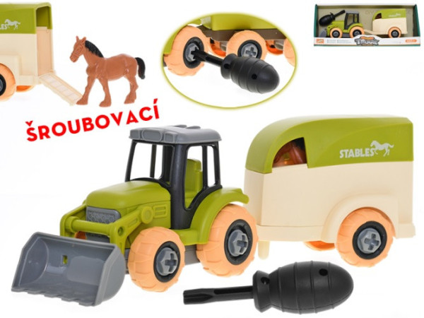 Traktor 26cm šroubovací volný chod s přívěsem a koněm v krabičce