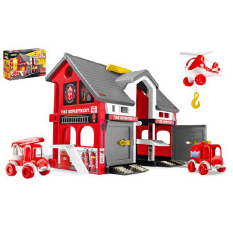 Wader Play House - Požární stanice plast + 2ks aut + 1ks helikoptéra v krabici 59x39x15cm